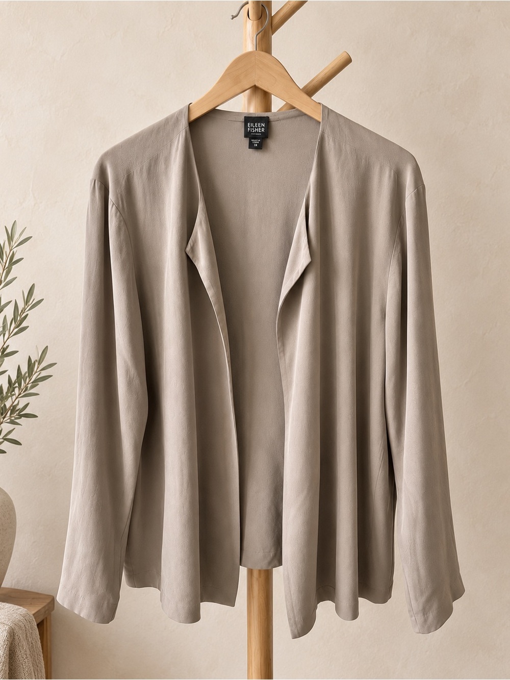 Eileen Fisher 1X 100% Silk Jacket Taupe Stone Draped Open Front